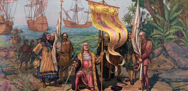 Columbus arriveert in Amerika.