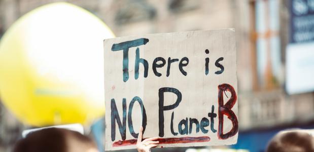 Bord met de tekst 'there is no planet B' dat omhoog wordt gehouden tijdens een demonstratie
