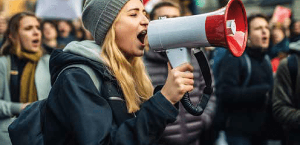 Vrouw roept door megafoon tijdens een demonstratie