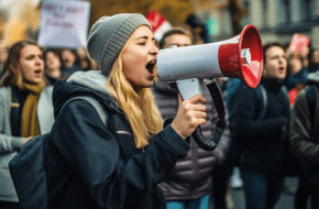 Vrouw roept door megafoon tijdens een demonstratie